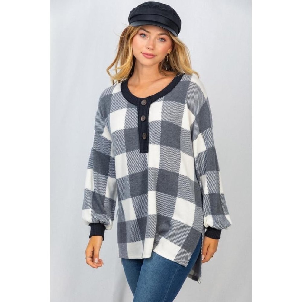 White Birch Buffalo Plaid Knit Top